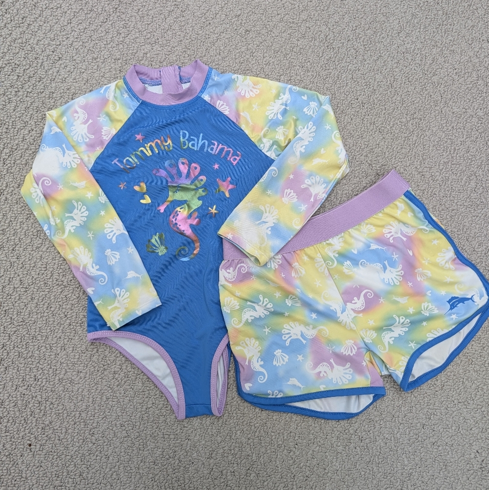 Tommy Bahama Kids 5 Rainbow + Blue Rashguard Set Swim Suit + Shorts
